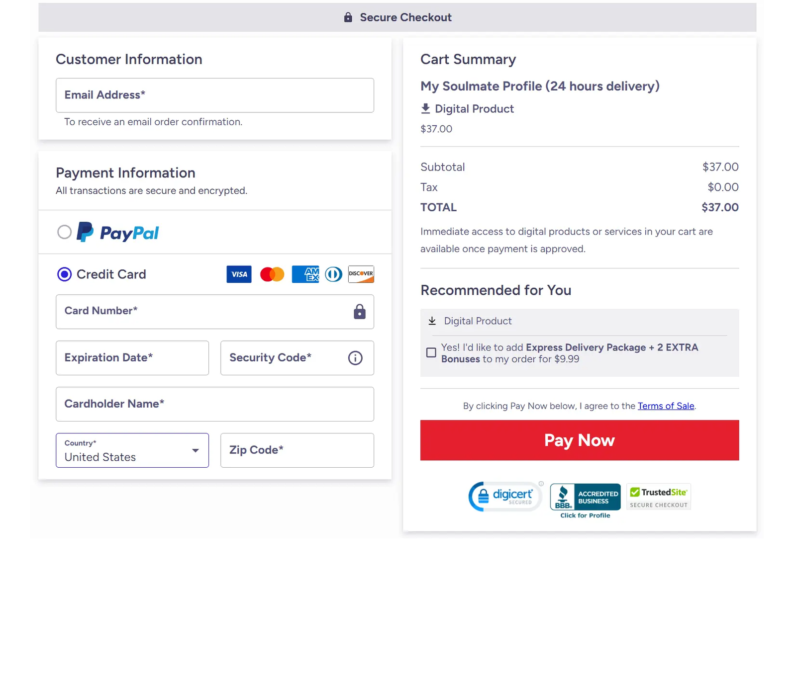 Screenshot of the secure Tara Lunar Soulmate Sketch checkout order page